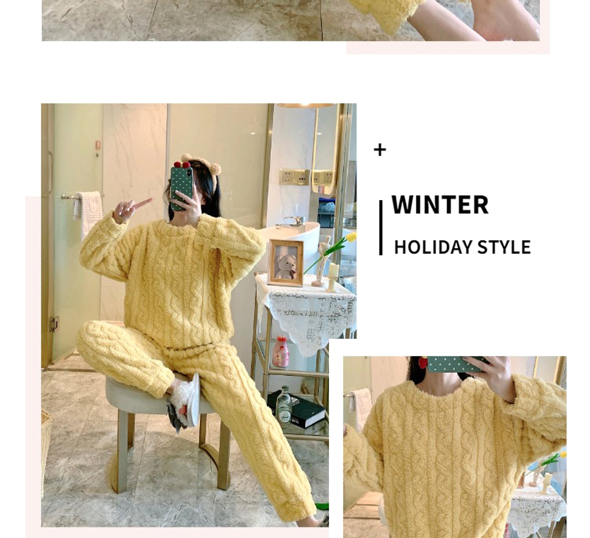 Thick Fleece Pajamas Women's Thermal Round-neck Flannel Homewear Suit - enhanced image 11