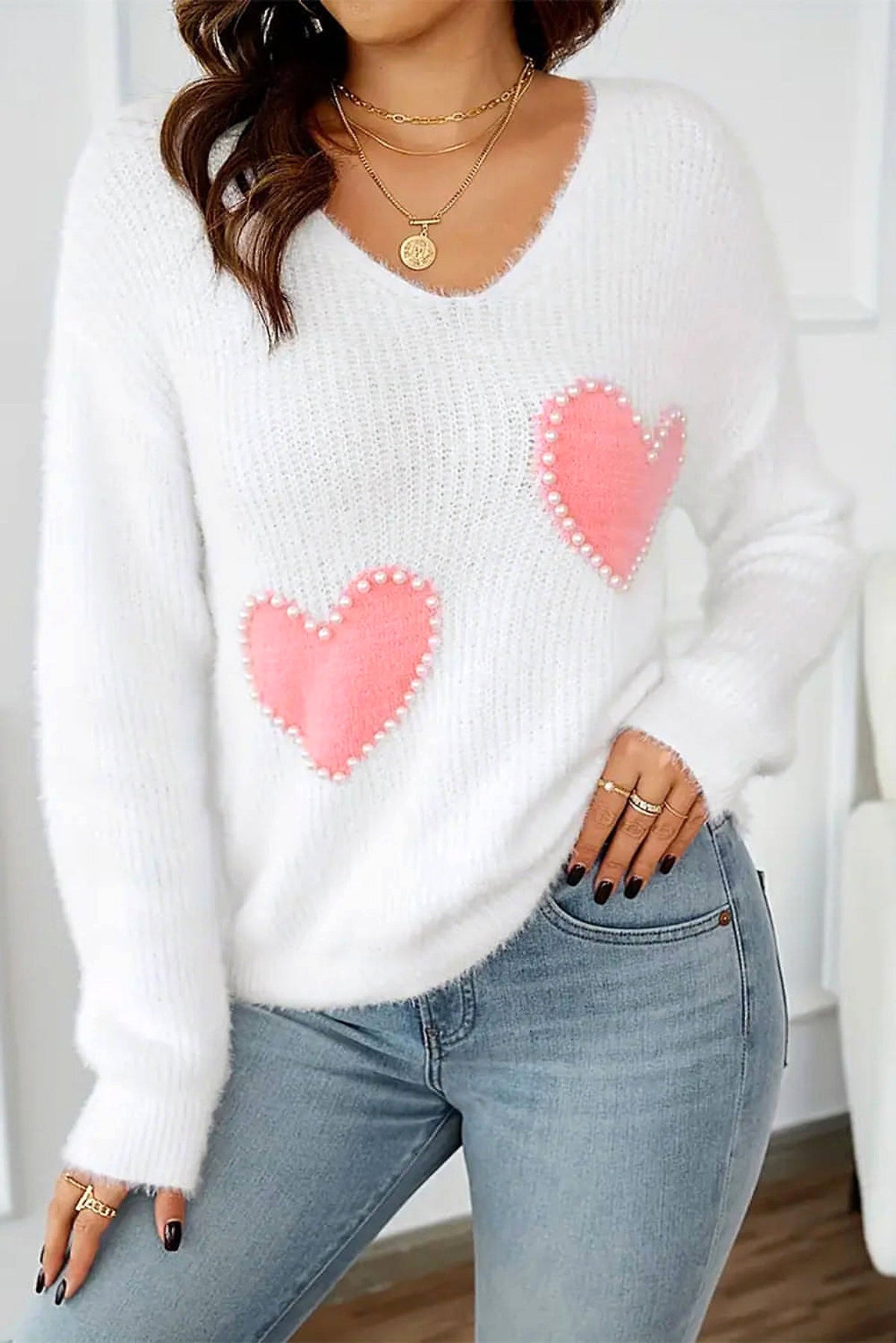 White Pearl Beaded Heart Pattern Fuzzy V Neck Sweater - enhanced image 11
