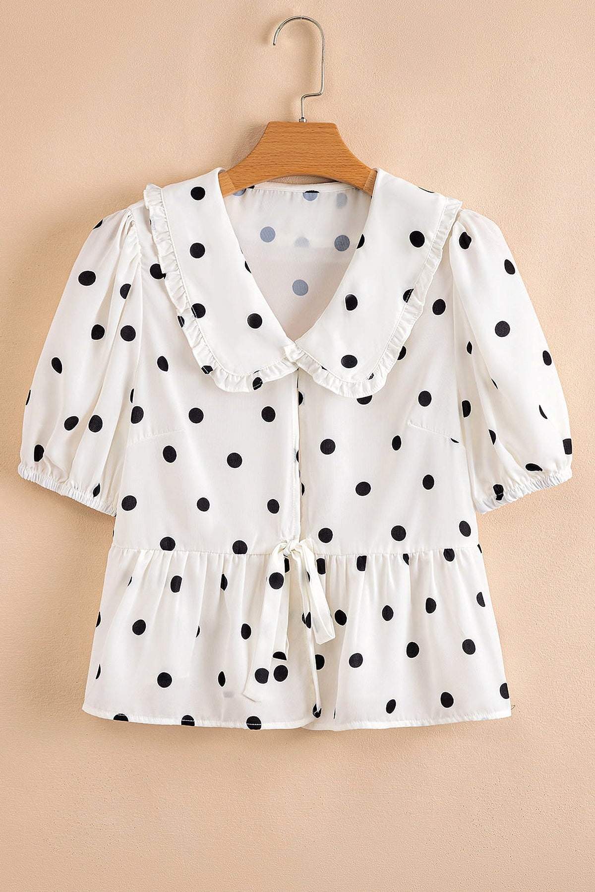 White Polka Dot Collared Lace up Font Puff Sleeve Peplum Top - enhanced image 11