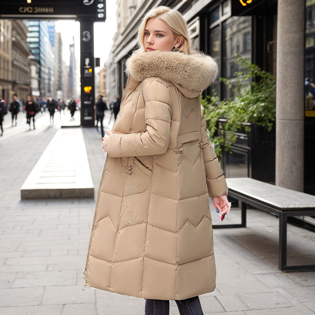 Winter Long Coat With Thickened Fur Collar Straight Slim Cotton-padded Jacket Women - enhanced image 11