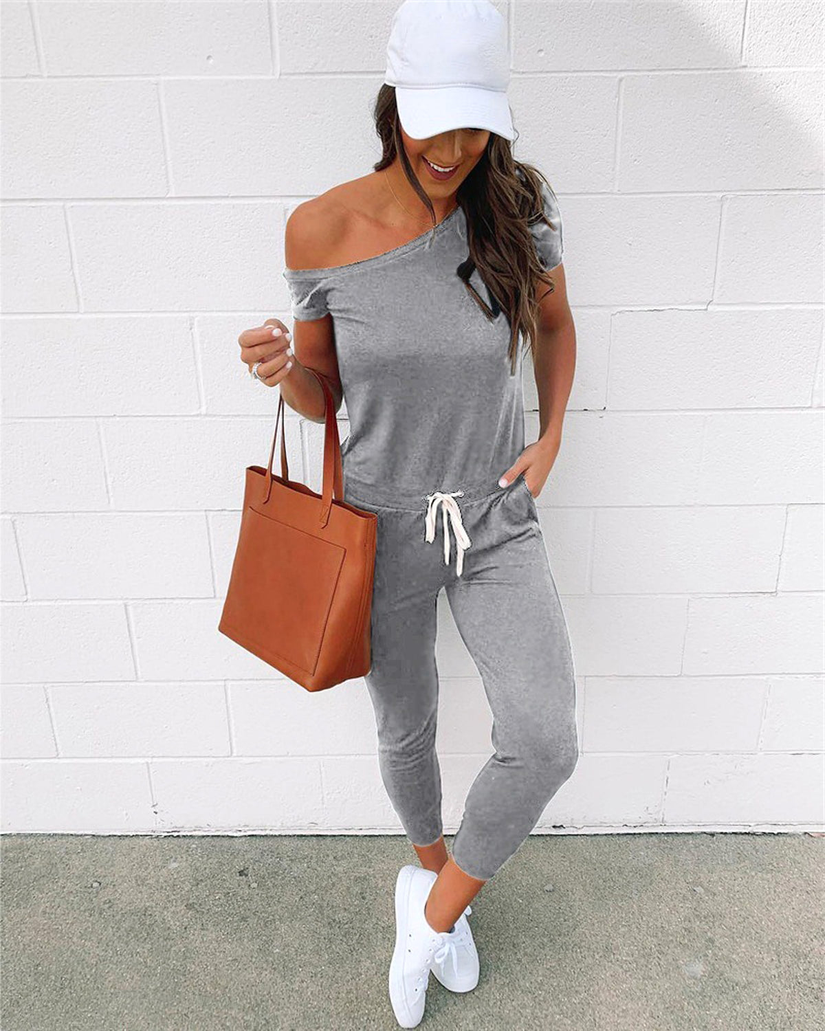 Women's Off-the-shoulder Short-sleeved Pocket Lace-up Shoulder Jumpsuit - enhanced image 11