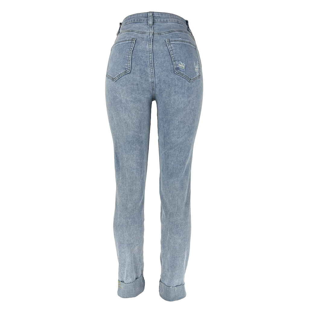 Women's Ripped Diagonal Buckle Stretch Jeans - enhanced image 11