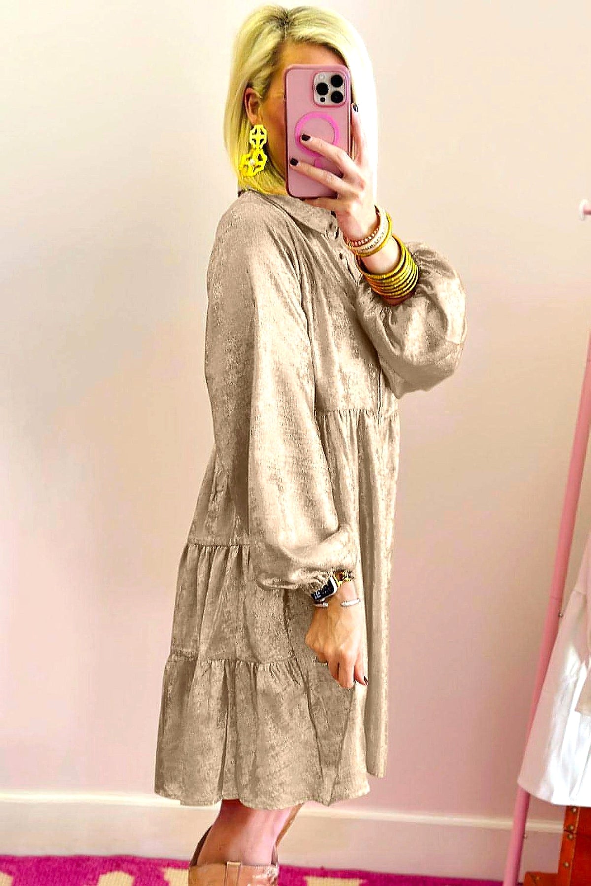 Apricot Metallic Sheen Puff Sleeve Button Up Mini Shirt Dress - enhanced image 12