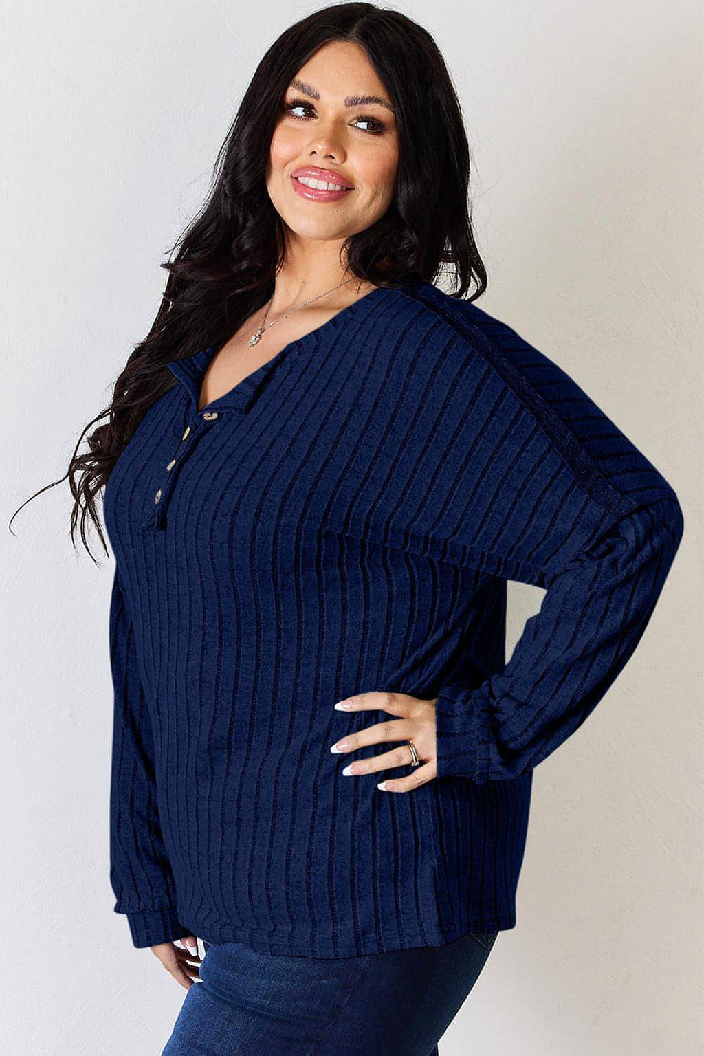 Basic Bae Full Size Ribbed Half Button Long Sleeve T-Shirt - enhanced image 12