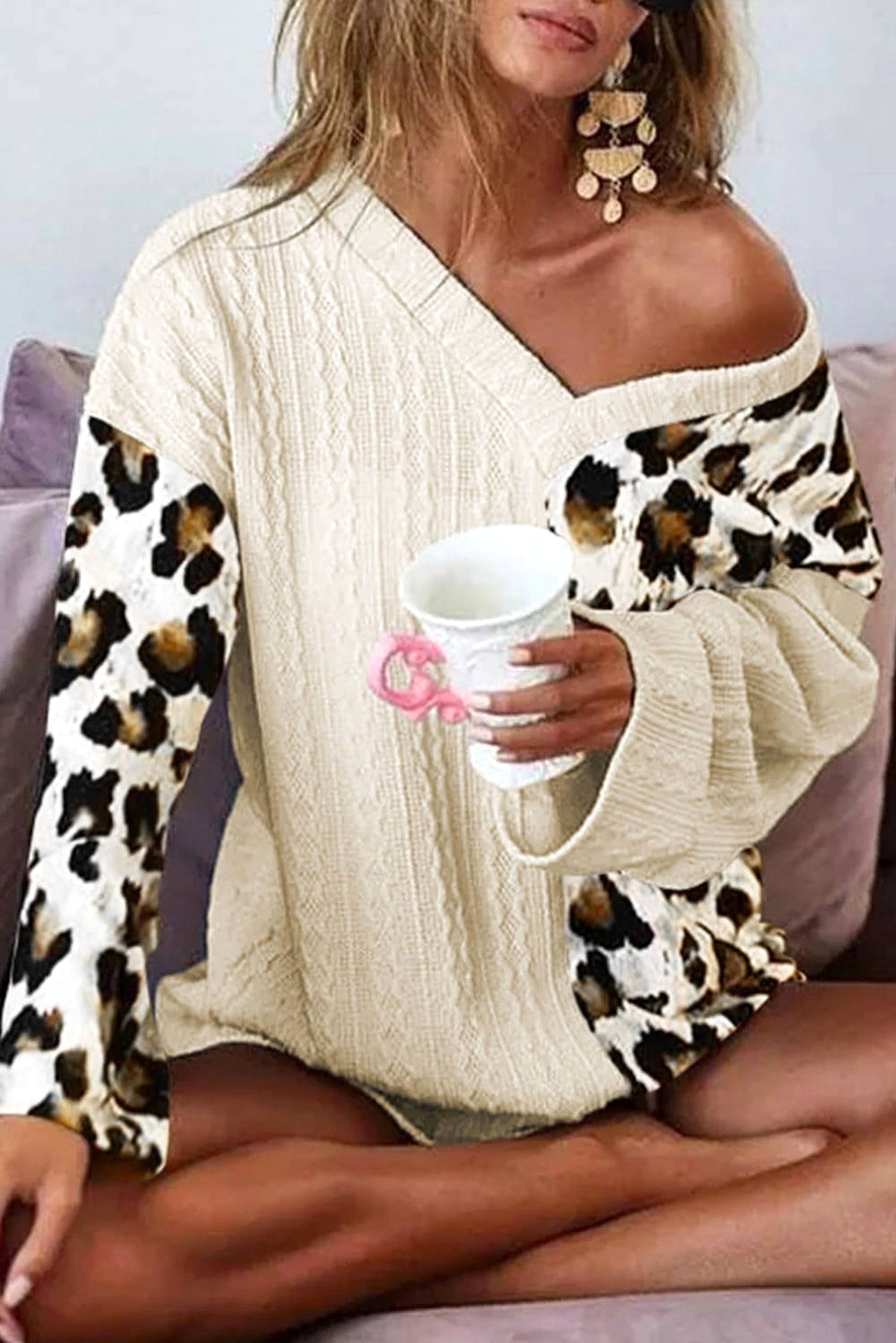 Beige Asymmetric Leopard Patchwork Wide Sleeve V Neck Sweater - enhanced image 12