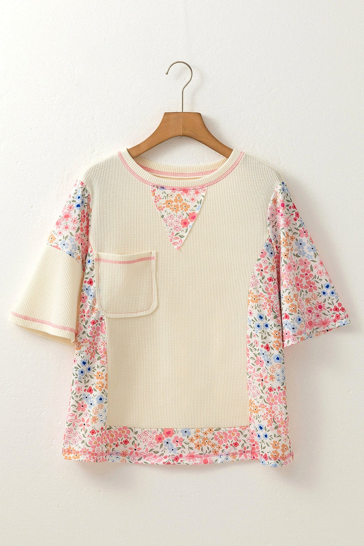 Beige Floral Patchwork Chest Pocket Wide Sleeve Waffle T Shirt - enhanced image 12