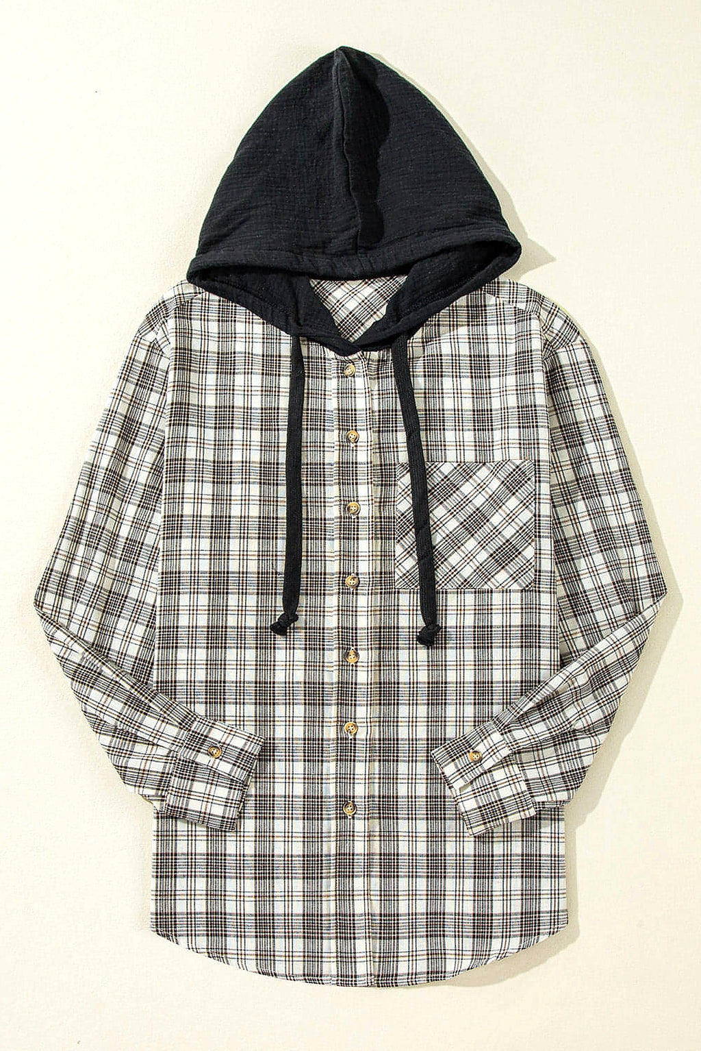 Black Checkered Print Loose Fit Buttoned Hooded Shacket - enhanced image 12