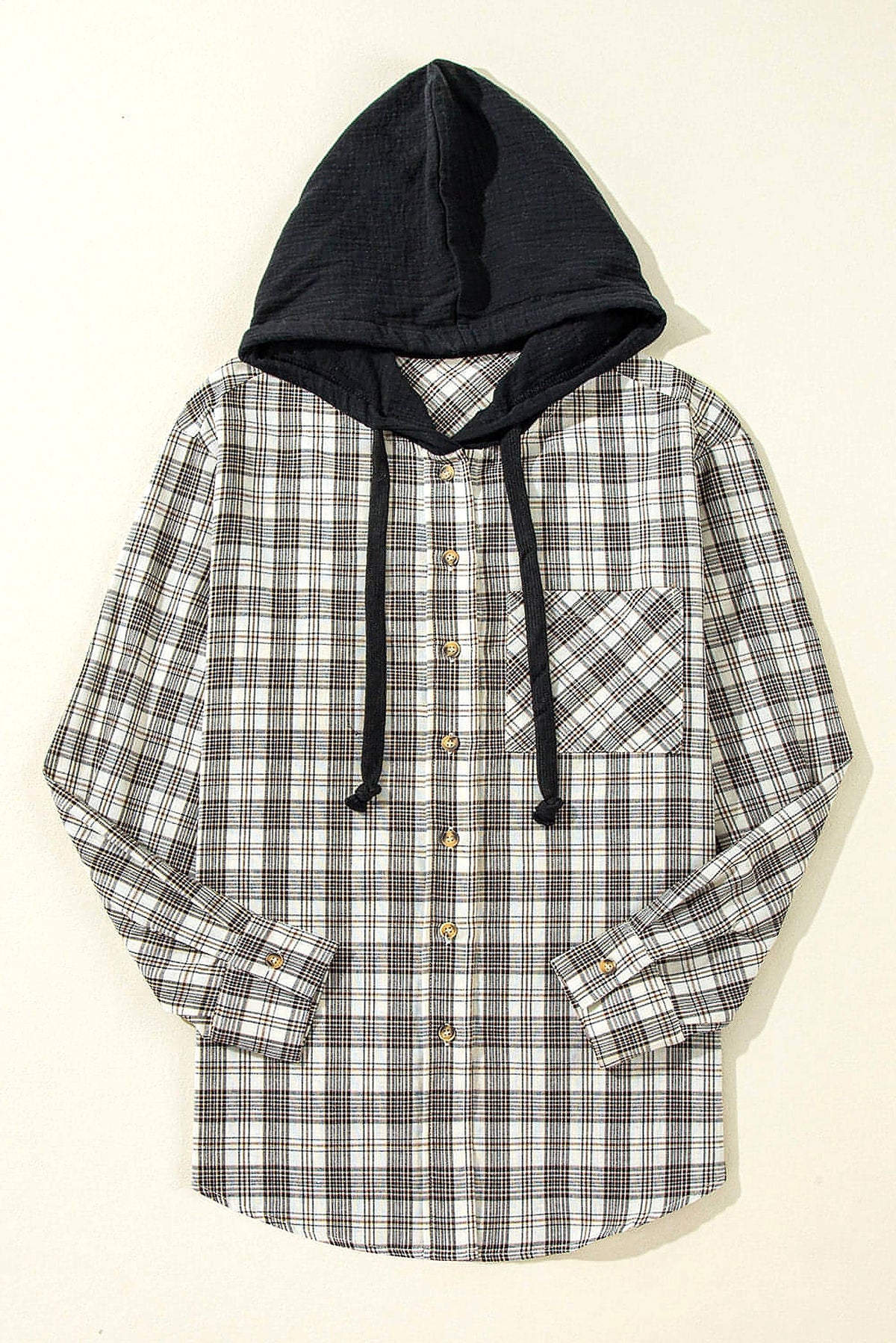 Black Checkered Print Loose Fit Buttoned Hooded Shacket - enhanced image 12