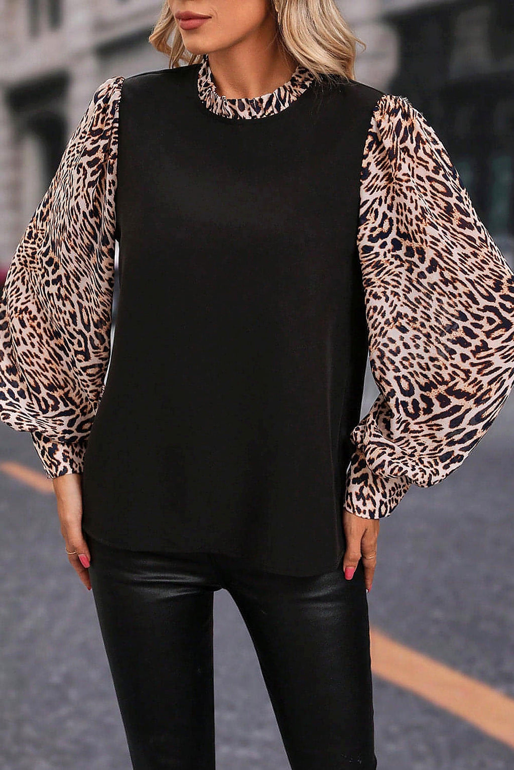 Black Contrast Leopard Print Lantern Sleeve Blouse - enhanced image 12