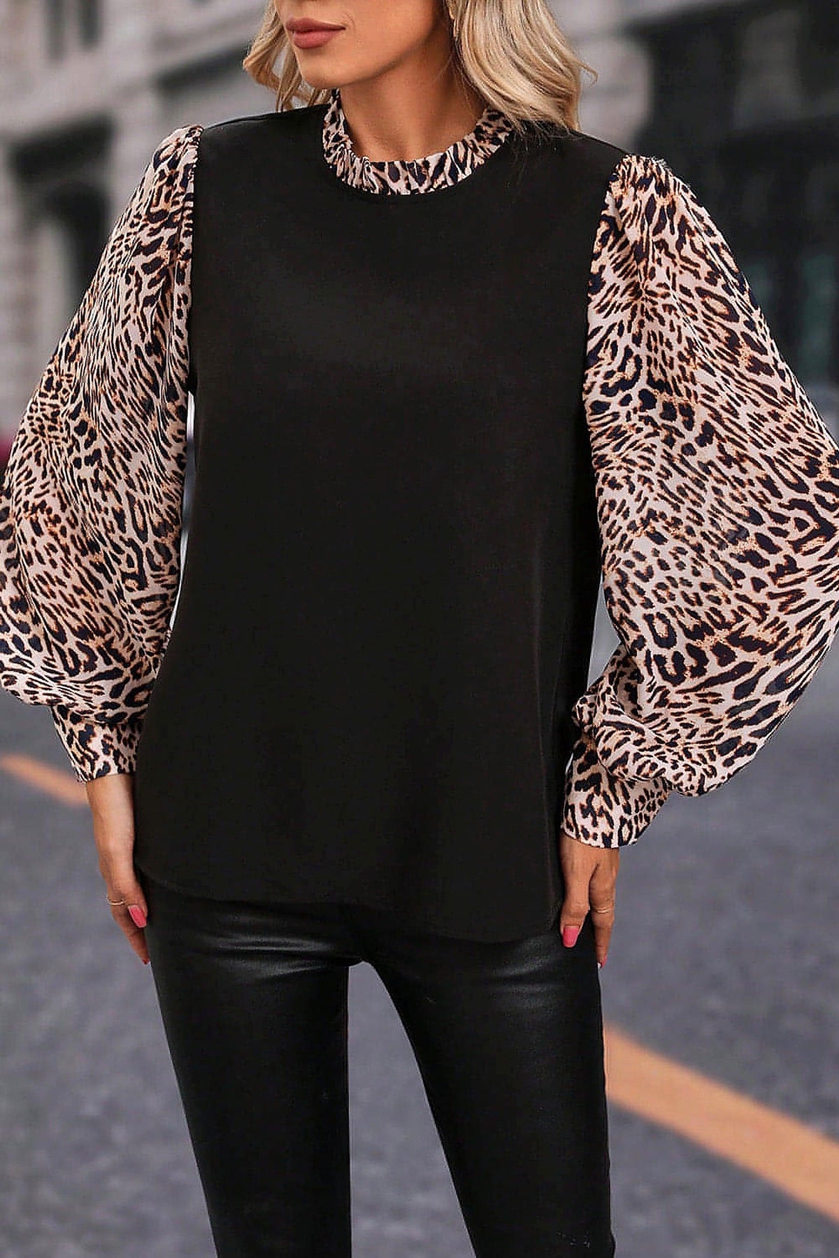 Black Contrast Leopard Print Lantern Sleeve Blouse - enhanced image 12