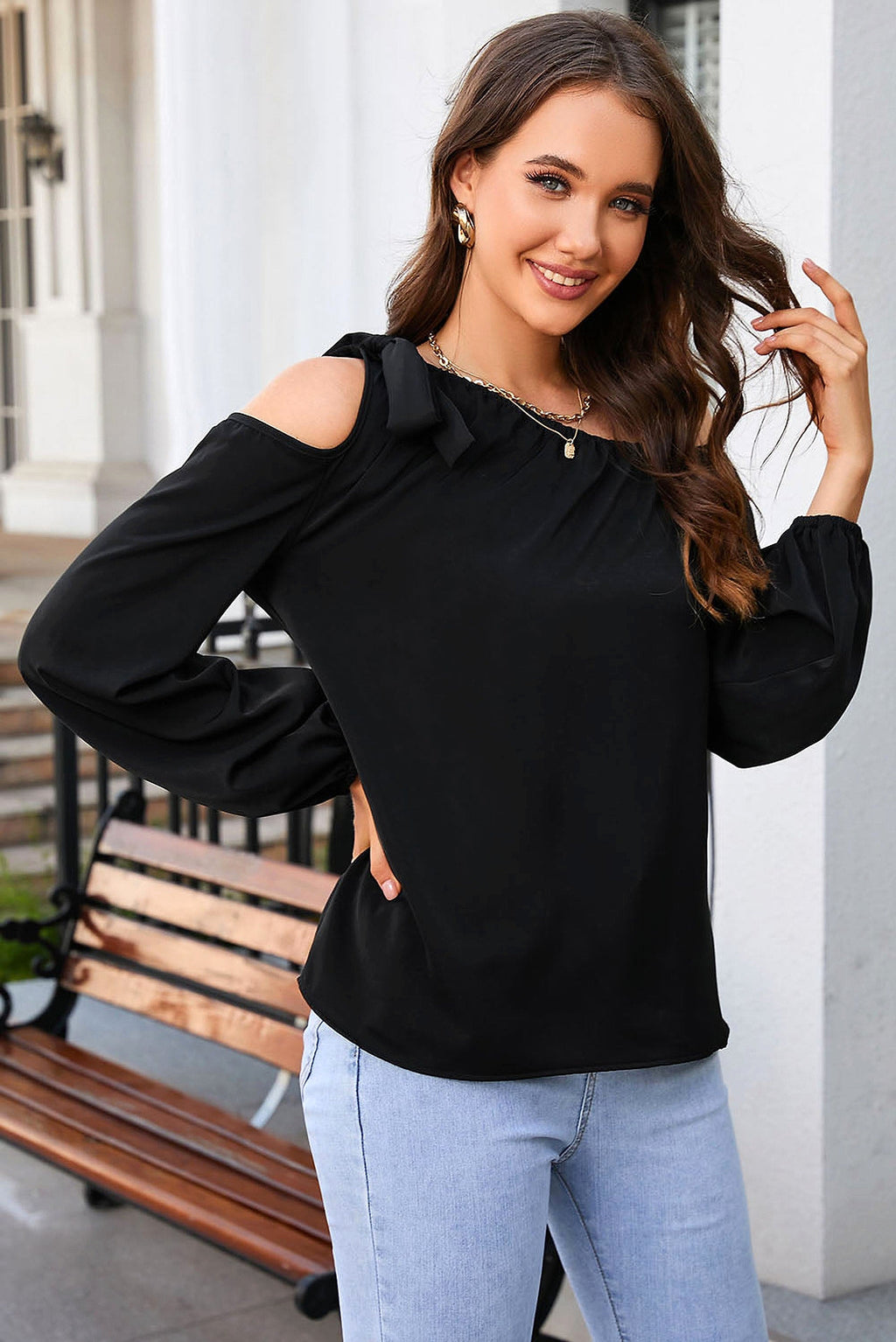 Black Knotted Asymmetric Off Shoulder Blouse - enhanced image 12