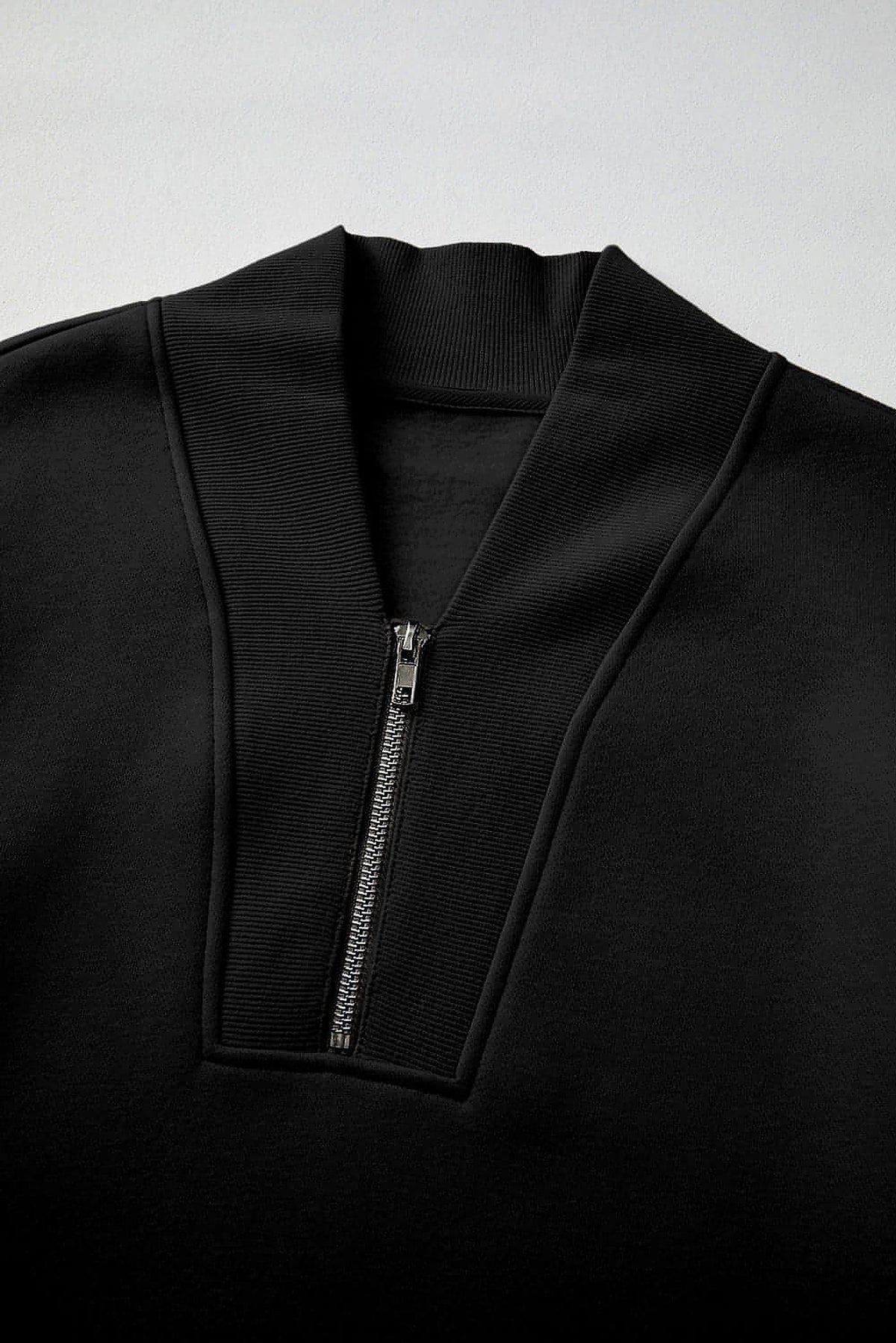 Black Plain Half Zip V Neck Ribbed Edge Loose Tracksuit - enhanced image 12