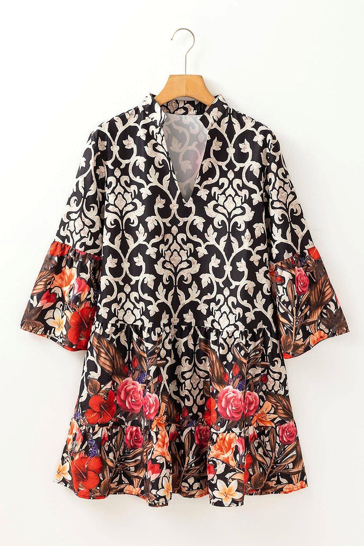 Black Retro Floral Mixed Print Split Neck A-line Dress - enhanced image 12