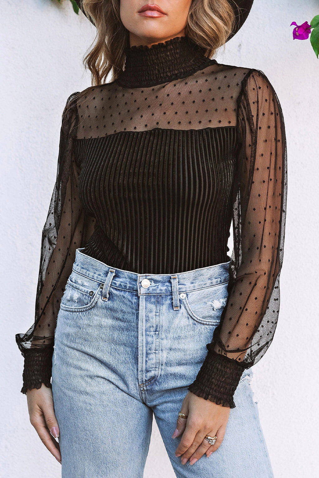 Black Sheer Dotty Long Sleeve Ribbed Velvet Bodysuit - enhanced image 12