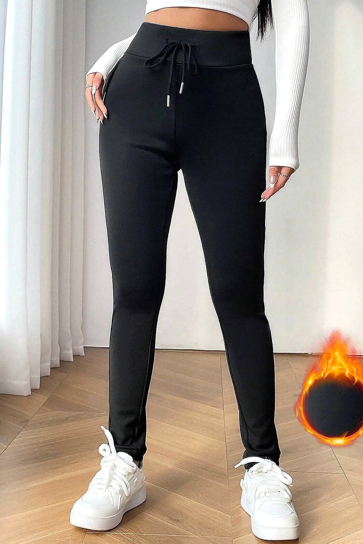 Black Solid Drawstring Waist Thermal Lined Leggings - enhanced image 12