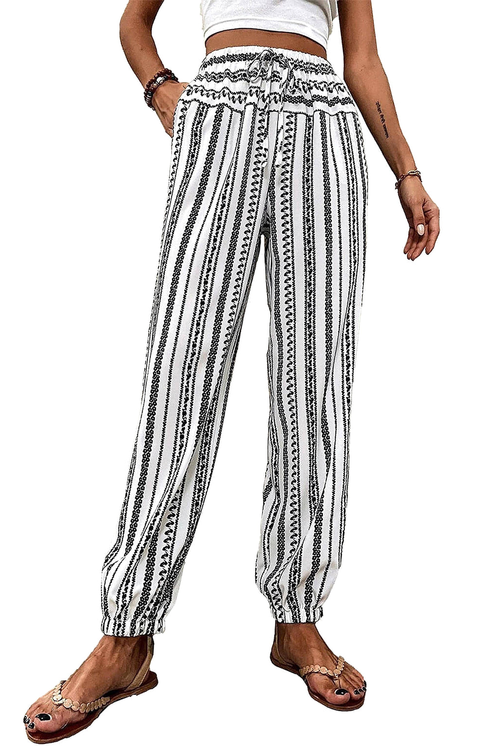 Black Stripe Boho Striped Print Casual Pants - enhanced image 12