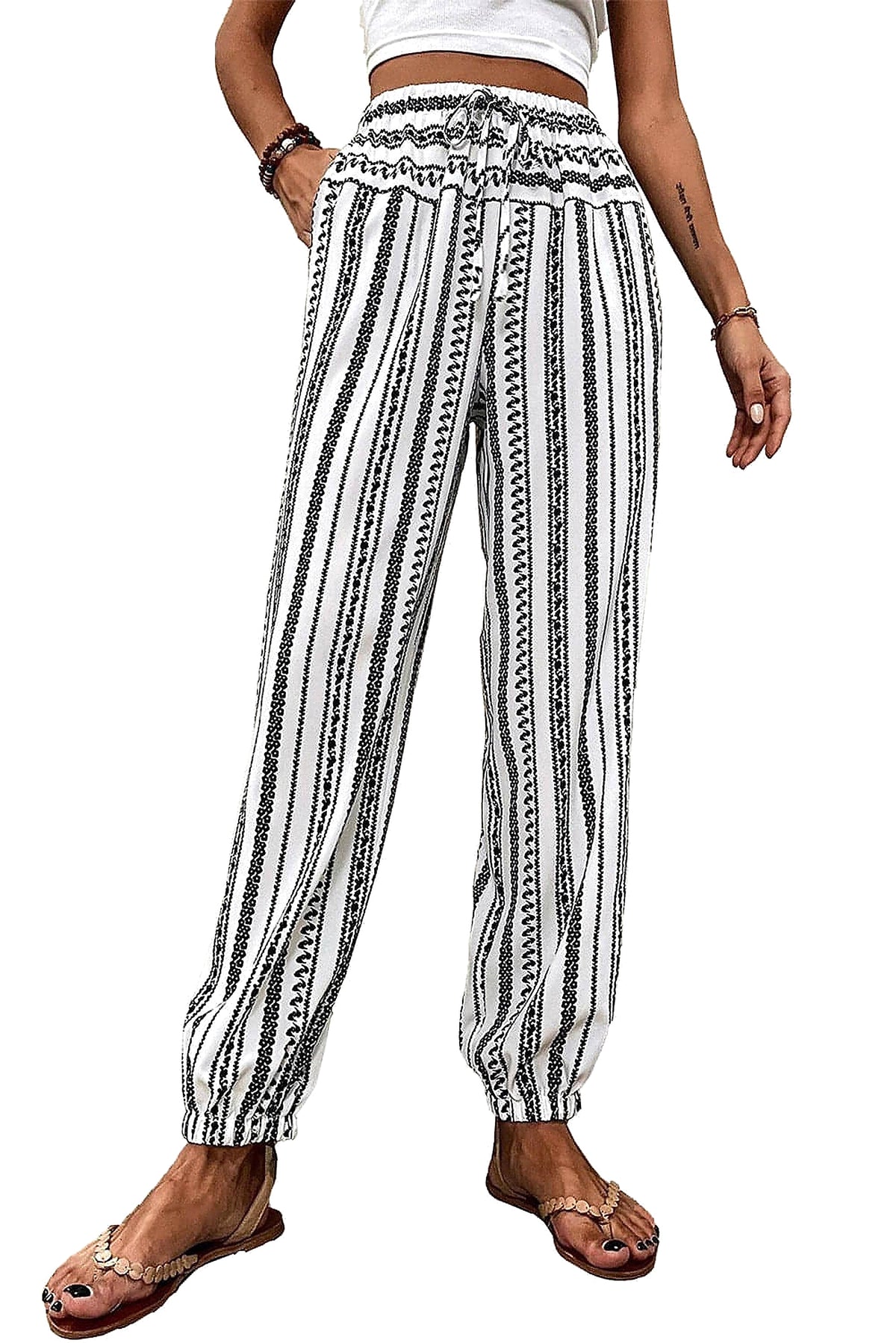 Black Stripe Boho Striped Print Casual Pants - enhanced image 12