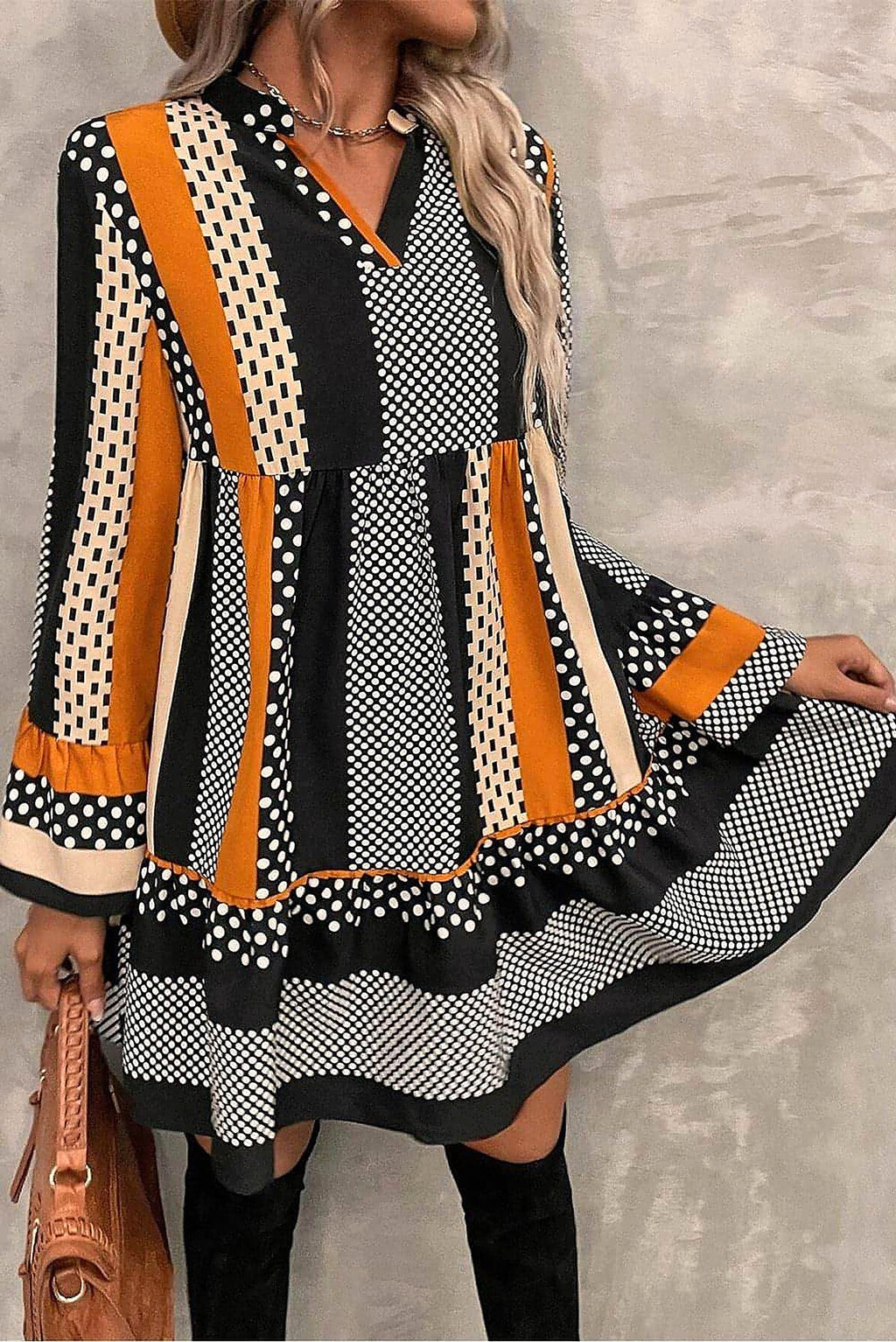 Black Striped Polka Dot Print Ruffled Hem V Neck Mini Dress - enhanced image 12