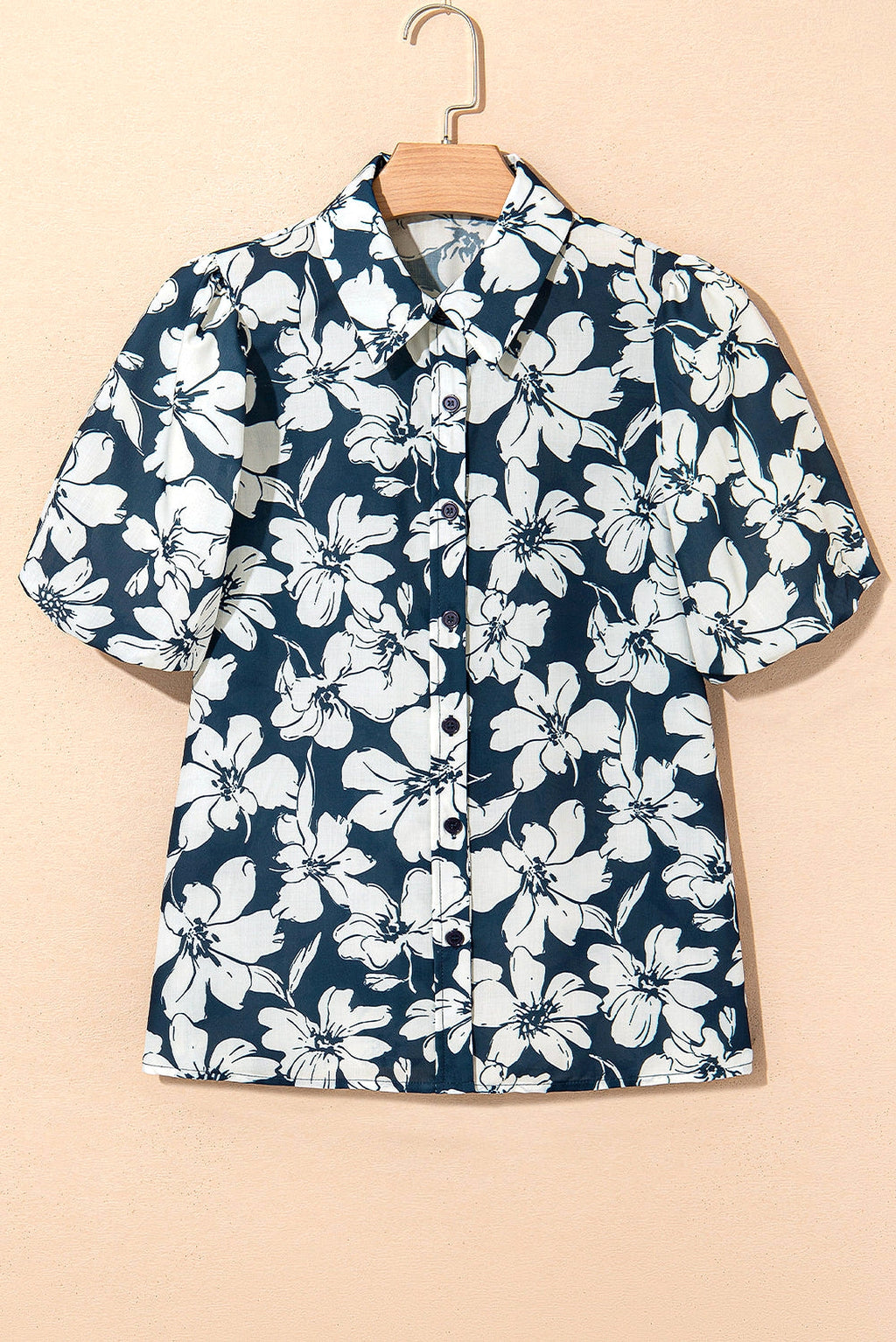 Blue Floral Short Puff Sleeve Summer Shirt - enhanced image 12