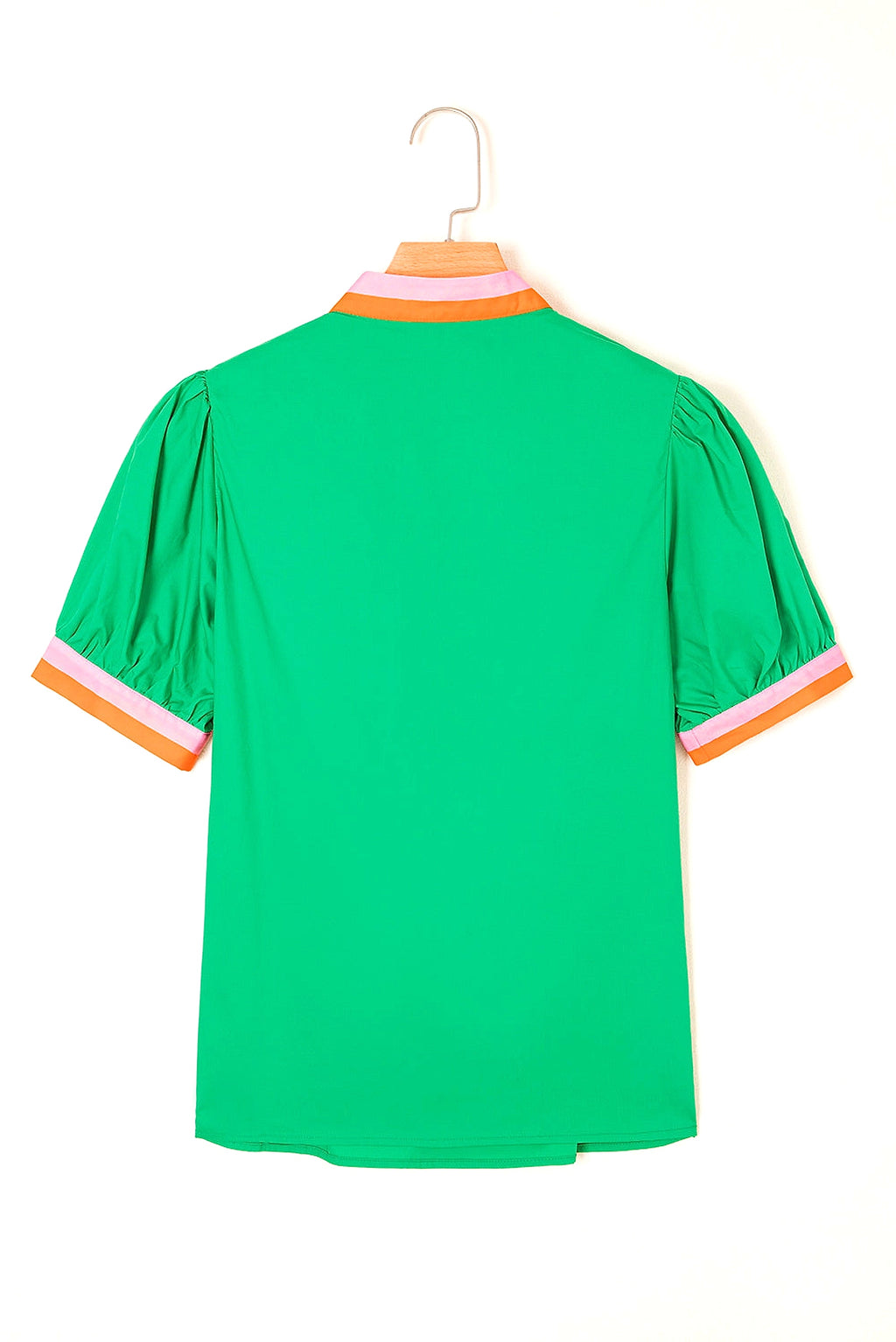 Bright Green Contrast Striped V Neck Collision Short Puff Sleeve Blouse - enhanced image 12
