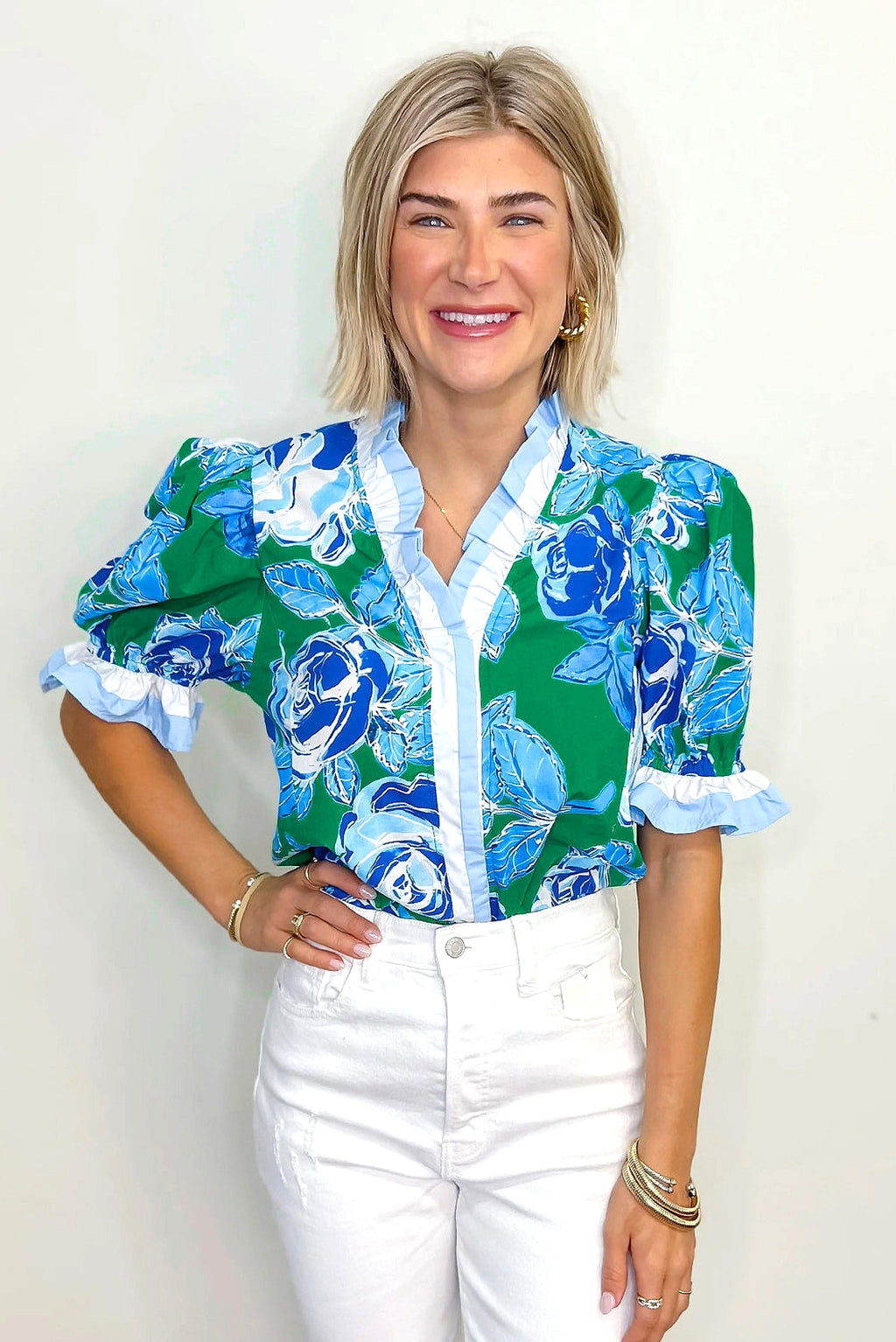 Bright Green Floral Frilled V Neck Short Sleeve Blouse Top - enhanced image 12