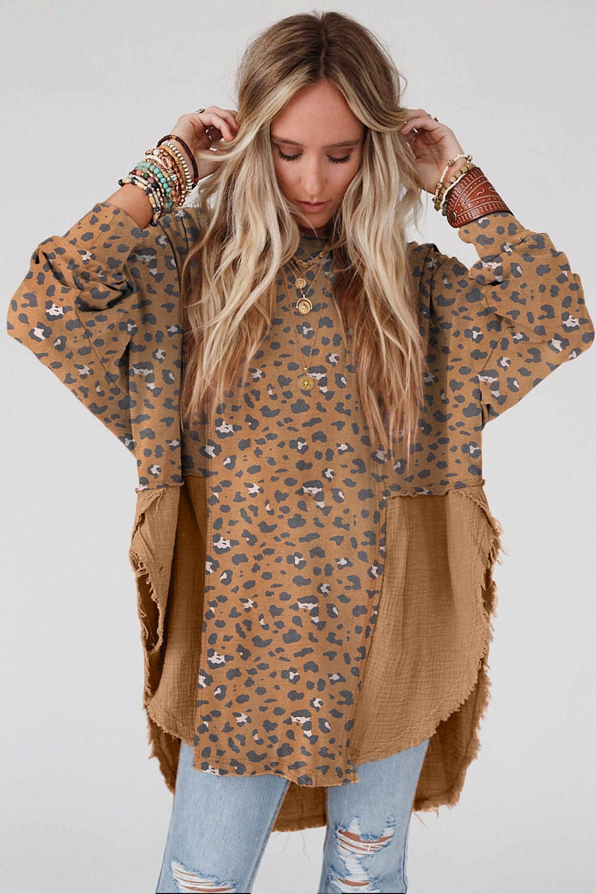 Brown Printed Raw Edge Leopard Patchwork Oversized Blouse - enhanced image 12