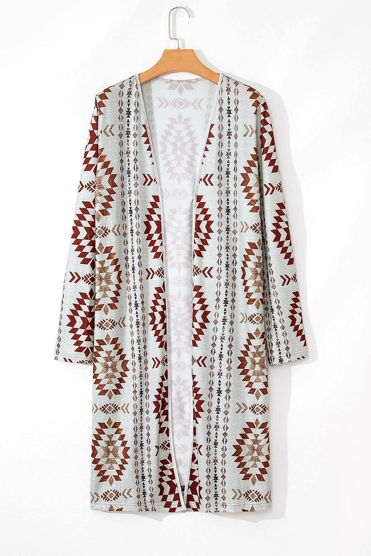 Brown Western Aztec Printed Open Front Long Cardigan - enhanced image 12