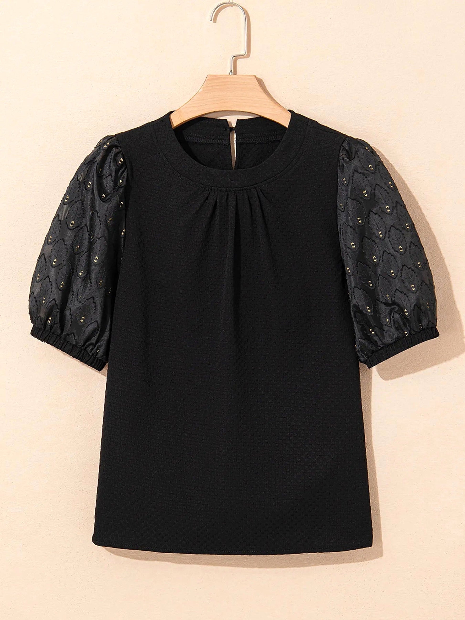Bubble Sleeve Patchwork Textured Blouse - enhanced image 12