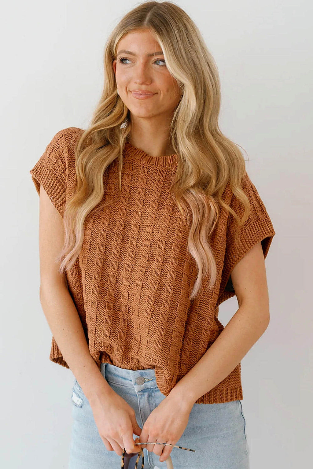 Camel Round Neck Textured Knit Sweater Vest - enhanced image 12