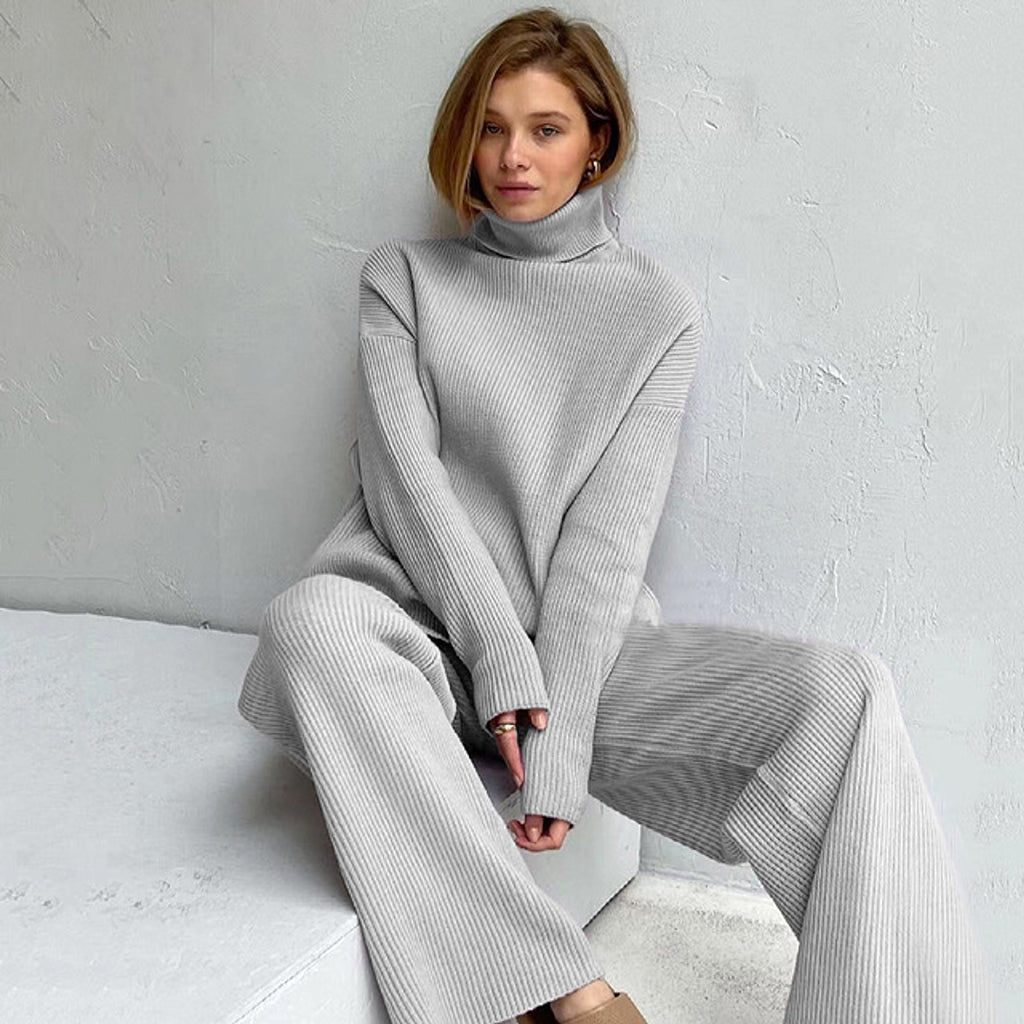 Casual Knitted Two-piece Turtleneck And Wide Leg Pants Women Loose Pullover Sweater - enhanced image 12