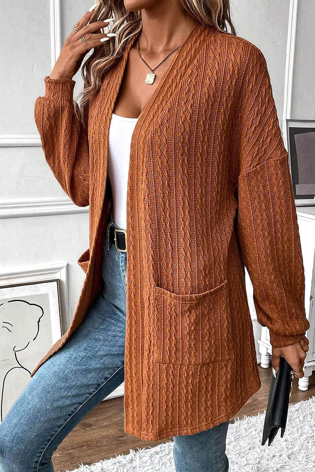 Chestnut Textured Knit Side Pockets Open Front Cardigan - enhanced image 12