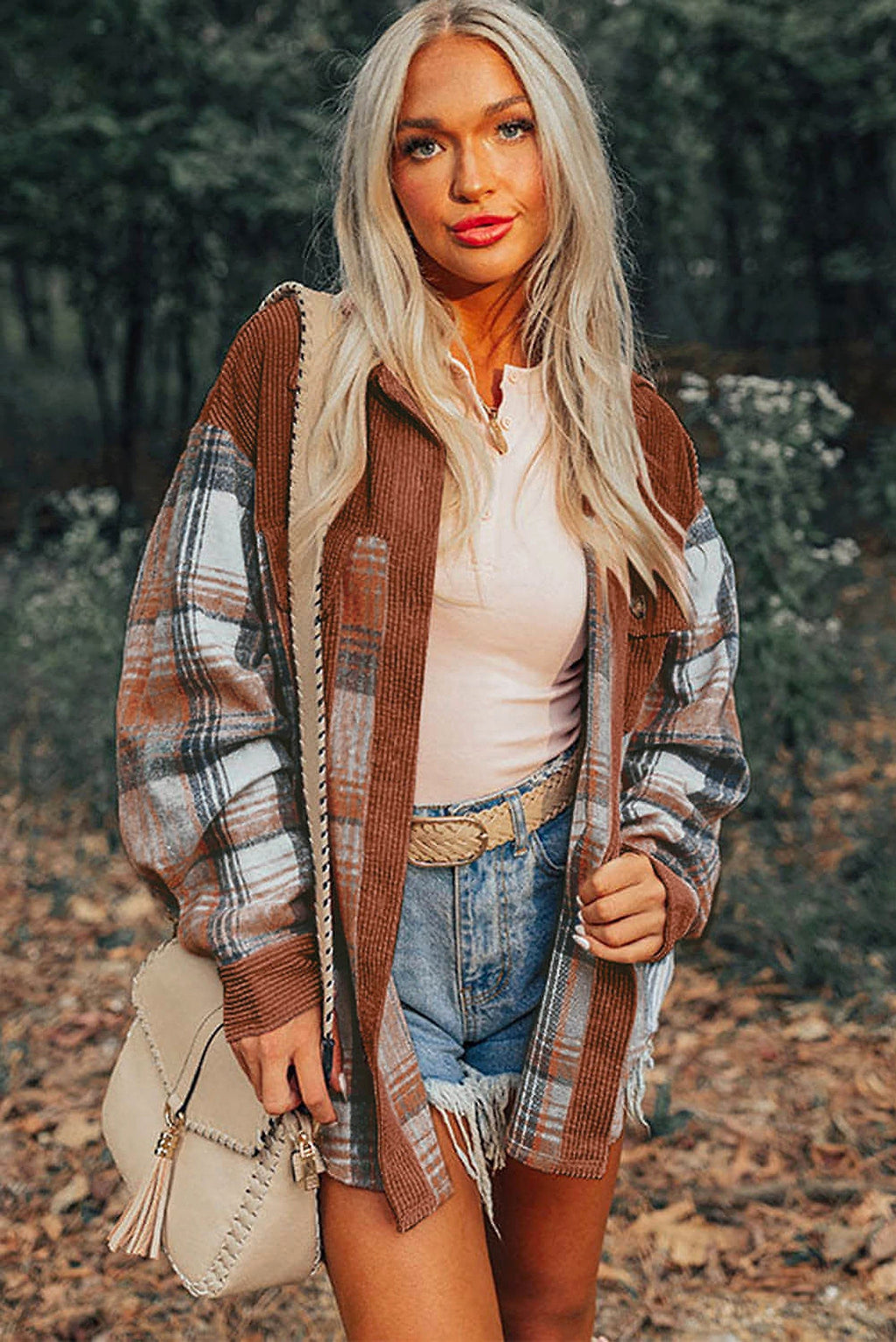 Cinnamon Plaid Corduroy Patchwork Chest Pocket Shacket - enhanced image 12