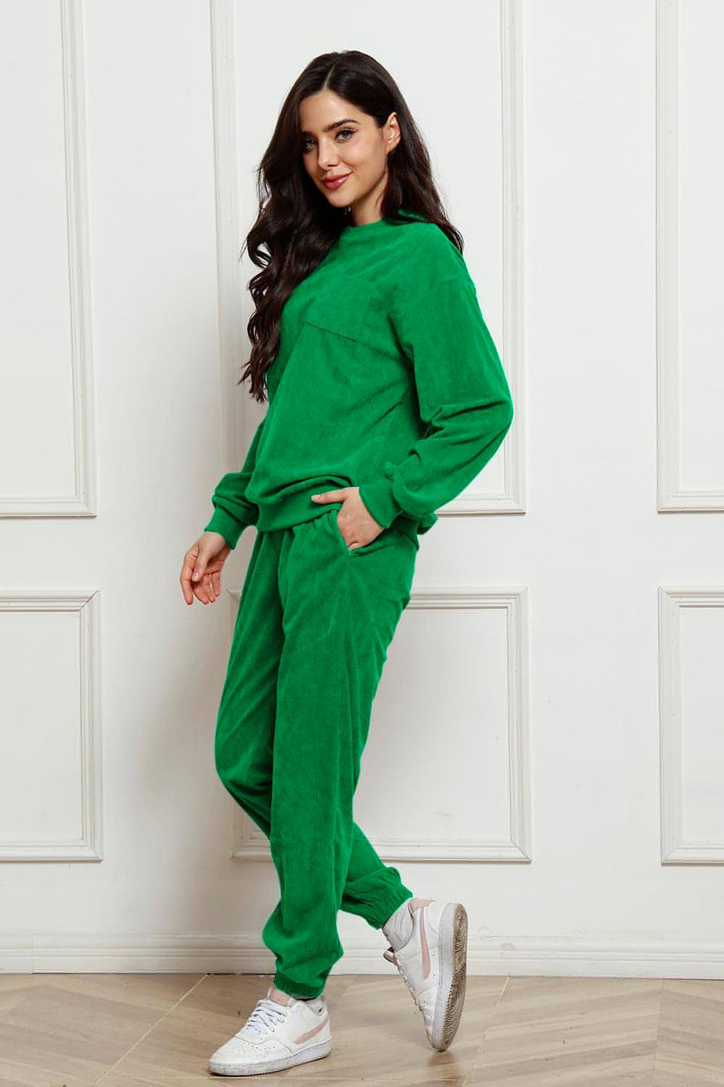 Corduroy Round Neck Sweatshirt and Sweatpants Set - enhanced image 12