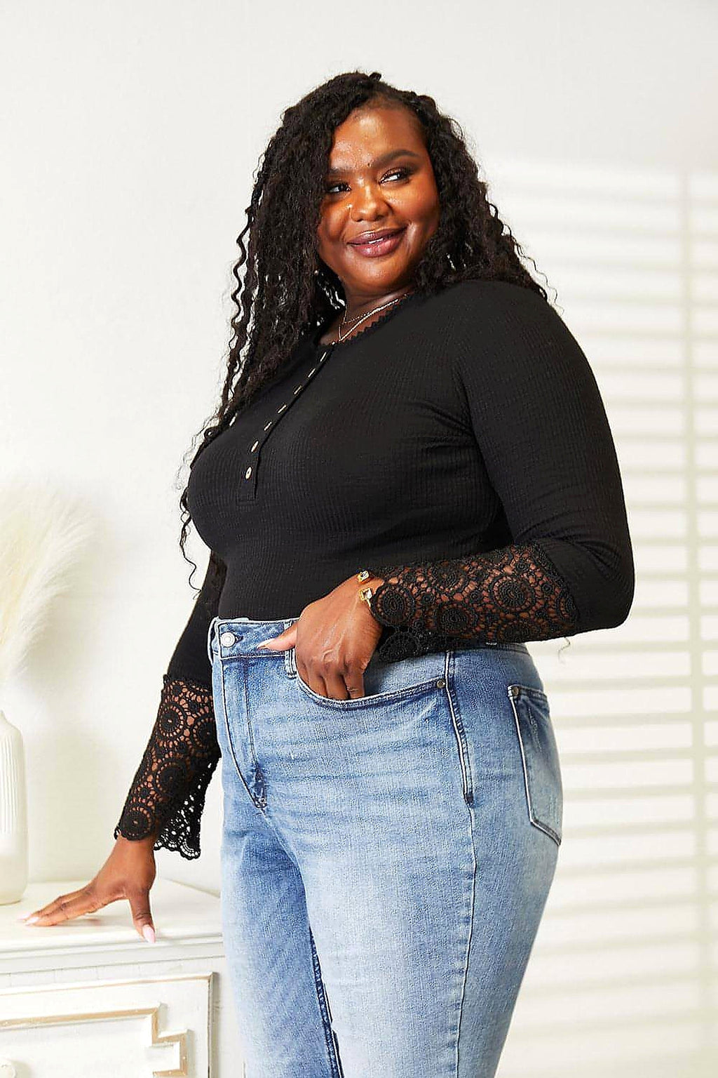 Double Take Crochet Lace Hem Sleeve Button Top - enhanced image 12