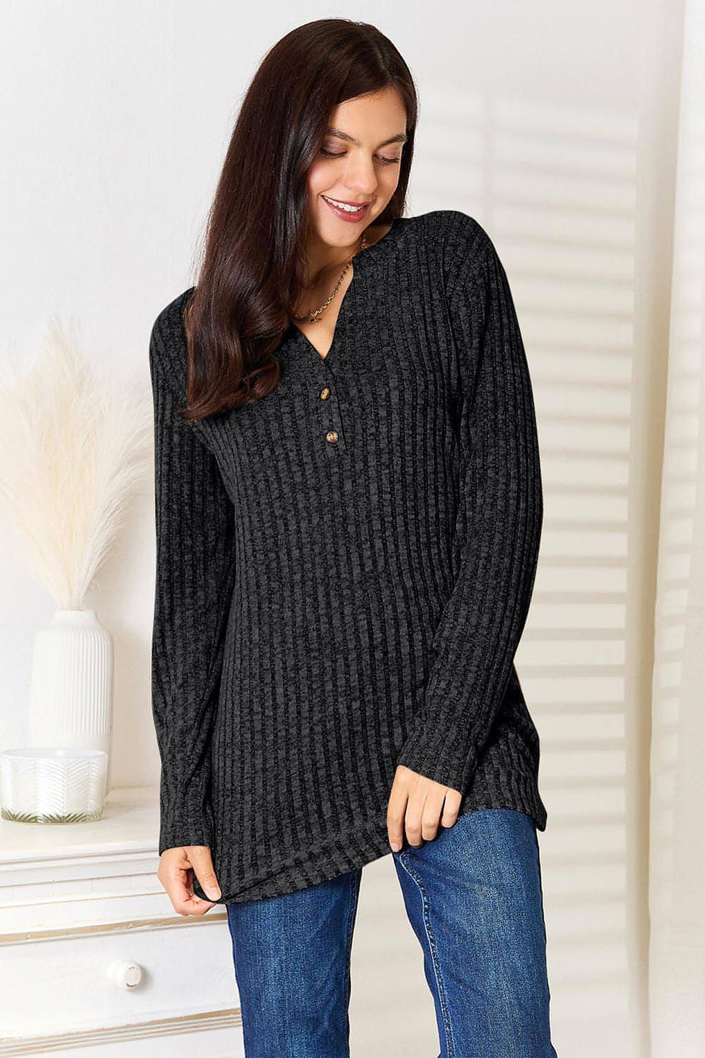 Double Take Notched Neck Ribbed Long Sleeve T-Shirt - enhanced image 12