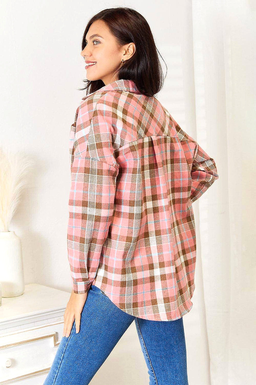 Double Take Plaid Collared Neck Long Sleeve Button-Up Shirt - enhanced image 12