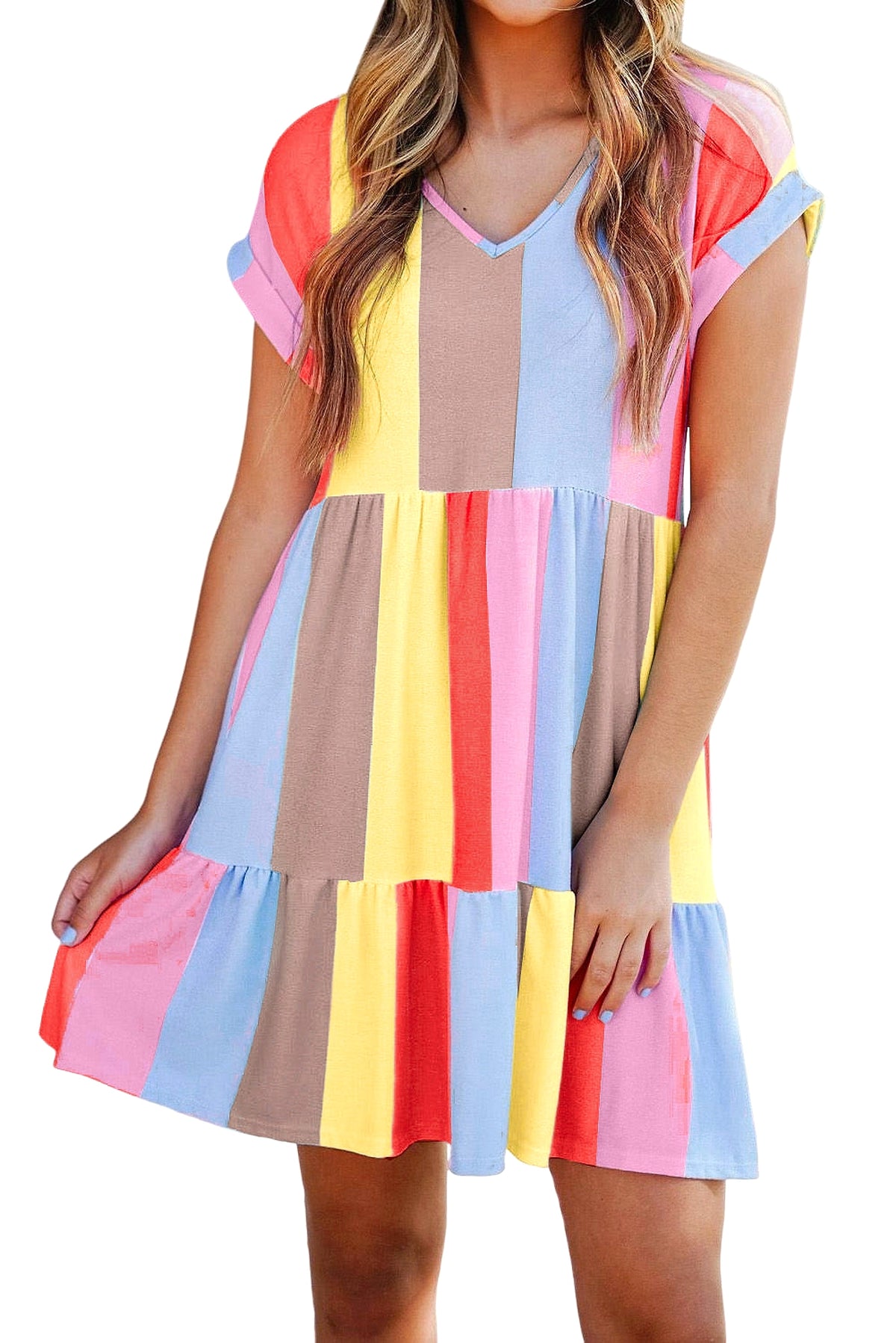 Fiery Red Multicolor Striped Color Block Tiered Mini Dress - enhanced image 12