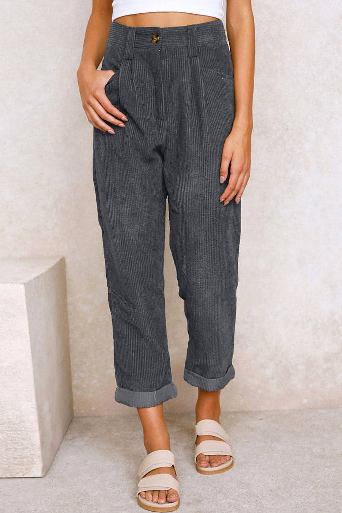 Gray Corduroy High Waist Straight Leg Pants - enhanced image 12