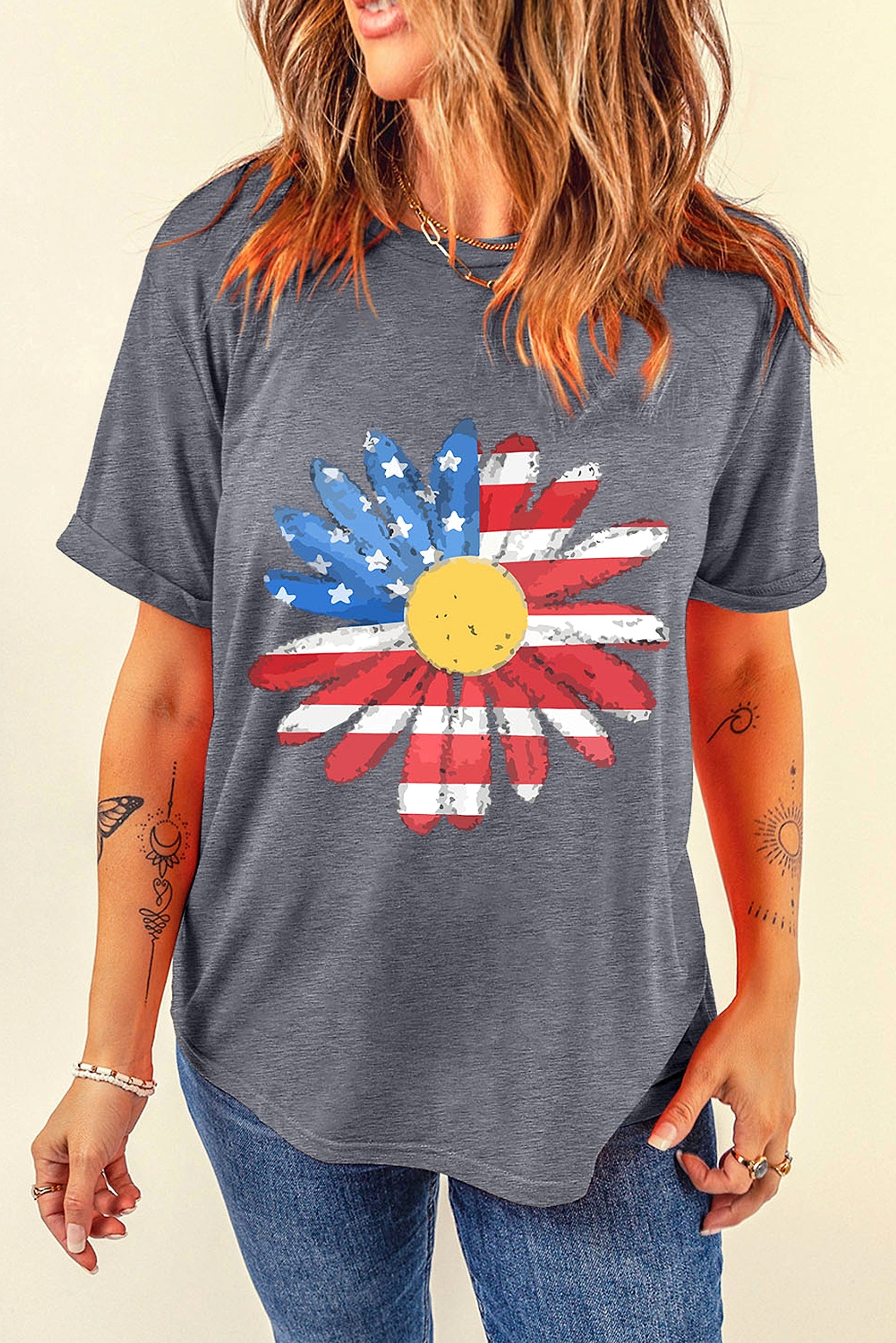 Gray Flag Pattern Sunflower Graphic Crew Neck Tee - enhanced image 12
