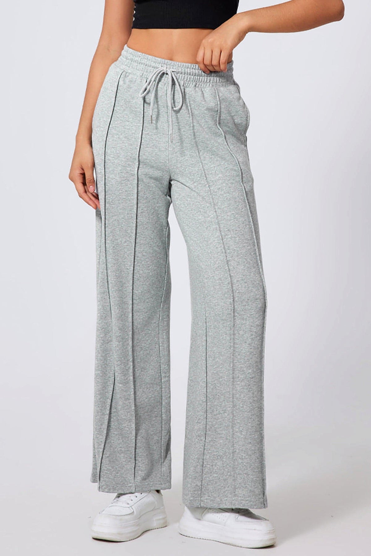 Gray Seamed Drawstring High Waist Wide Leg Sweatpants - enhanced image 12