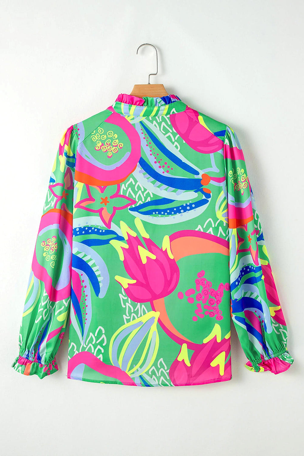 Green Abstract Print Ruffled Sleeve Buttoned V Neck Blouse - enhanced image 12