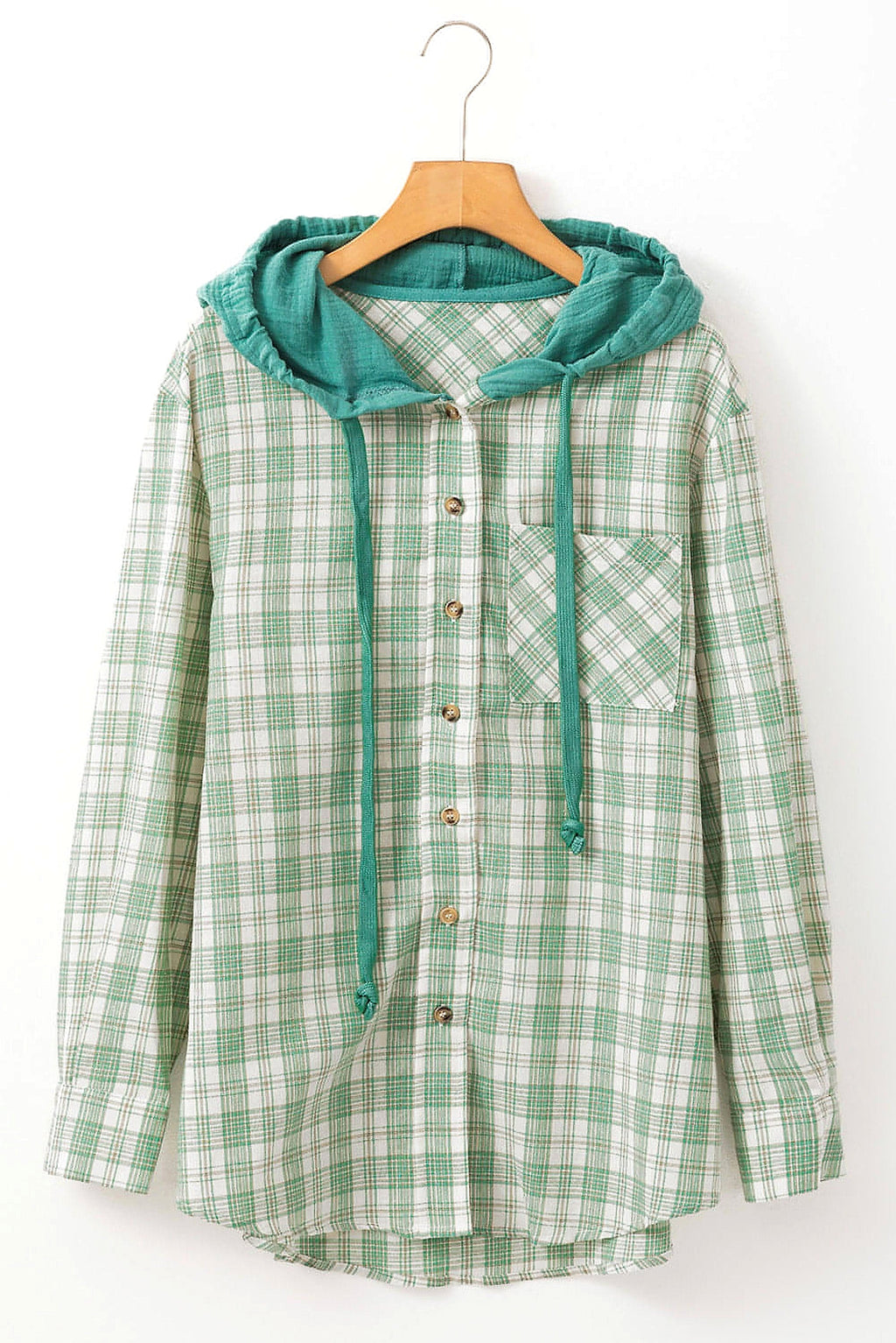 Green Checkered Print Loose Fit Buttoned Hooded Shacket - enhanced image 12