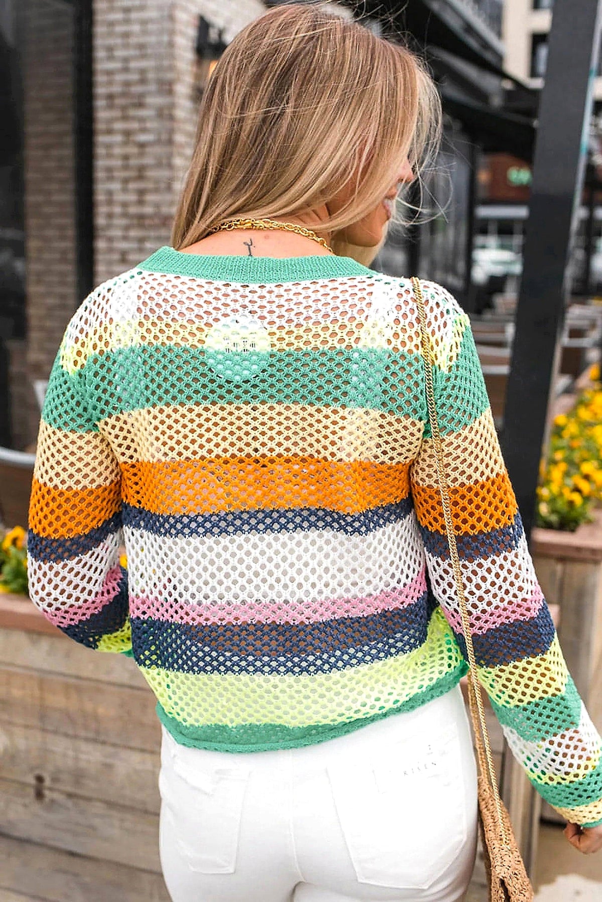 Green Colorblock Patchwork Knit Crochet Eyelet Sweater - enhanced image 12