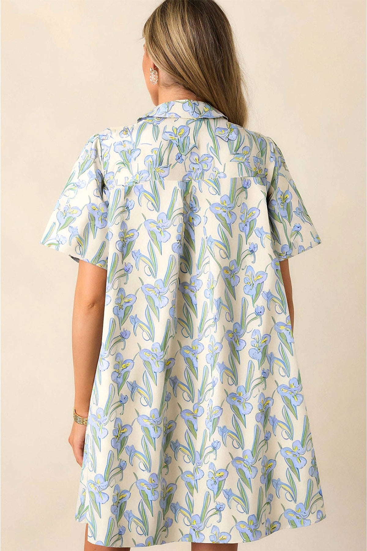 Green Floral Print Shirtcollar Buttoned Short Sleeve Shift Dress - enhanced image 12