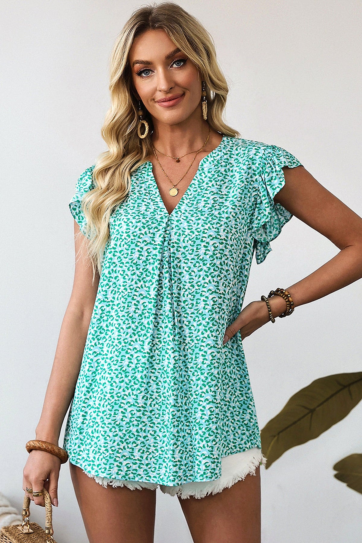 Green Notched V Neck Leopard Ruffle Short Sleeve Blouse - enhanced image 12