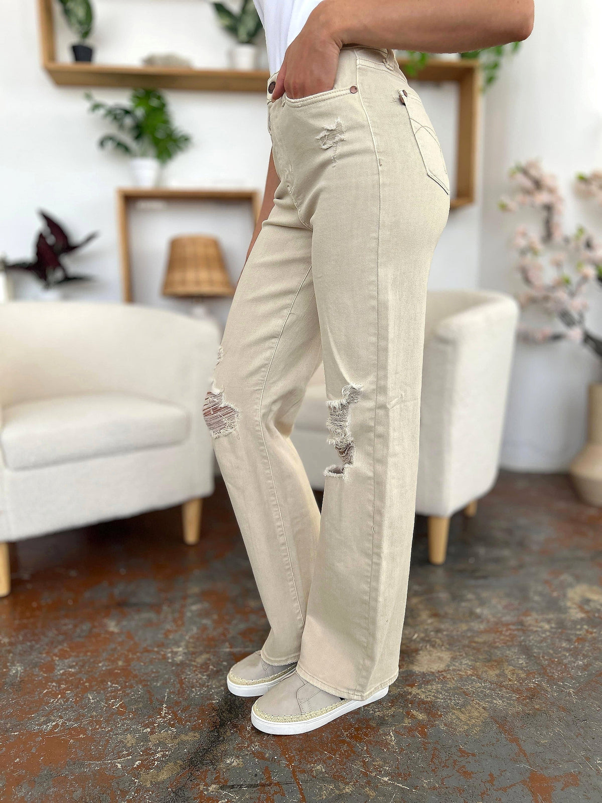 Judy Blue Full Size High Waist Distressed Wide Leg Jeans - enhanced image 12