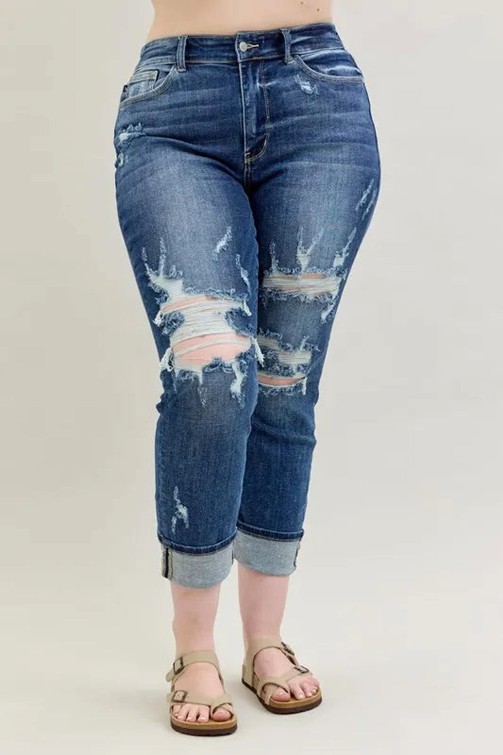 Judy Blue Full Size Mid Rise Cuffed Destroy Bf Jeans Plus Size - enhanced image 12