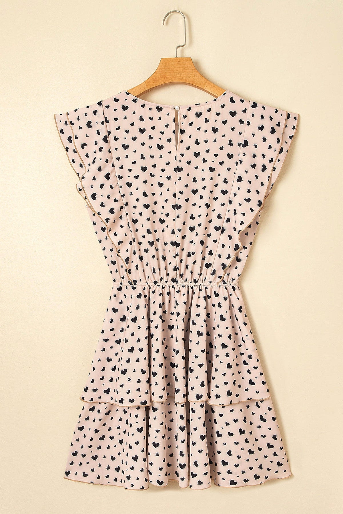 Khaki Heart Printed Flutter Sleeve Cinched Waist Tiered Ruffle Mini Dress - enhanced image 12
