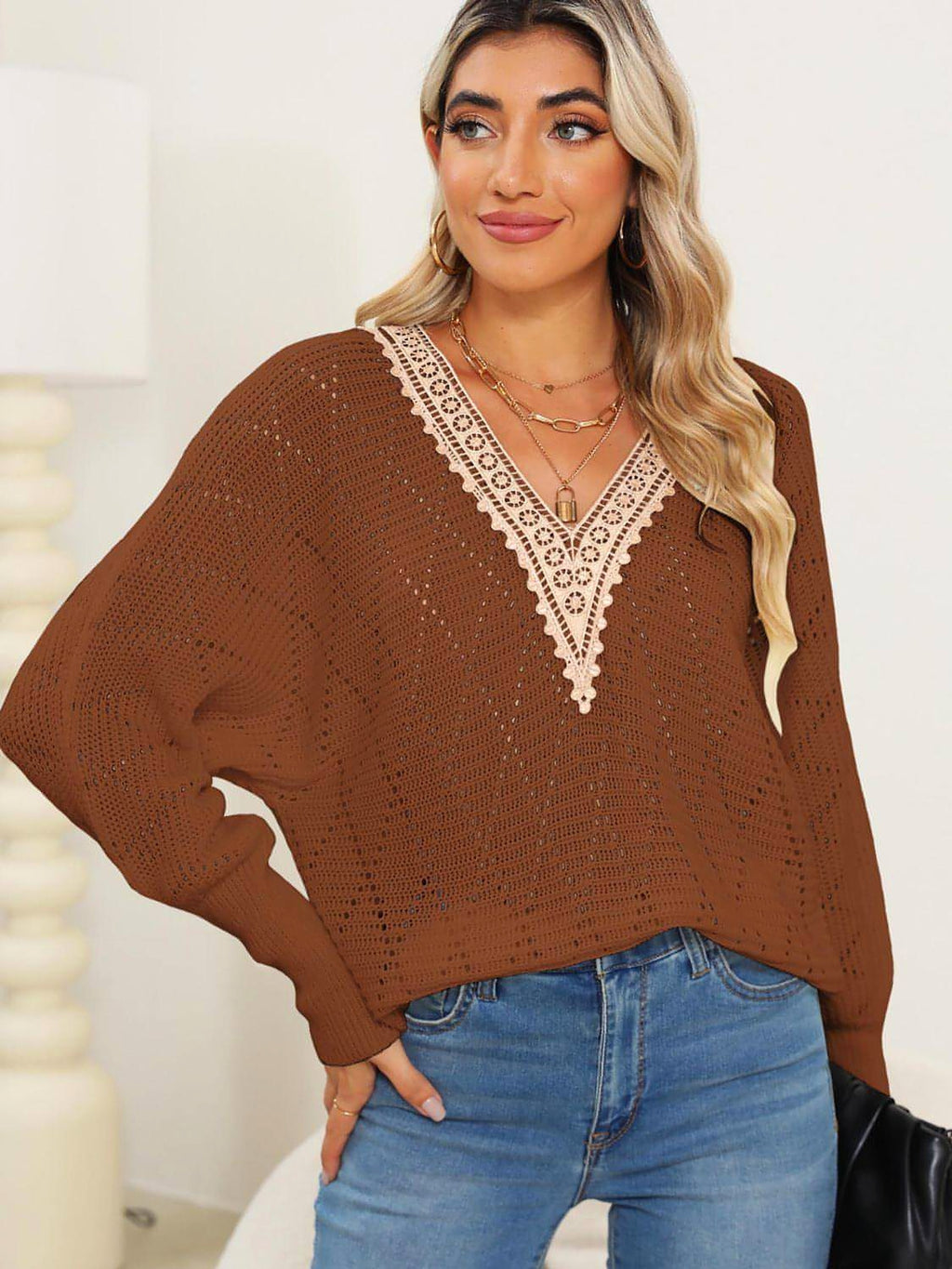 Lace Detail V-Neck Long Sleeve Sweater - enhanced image 12