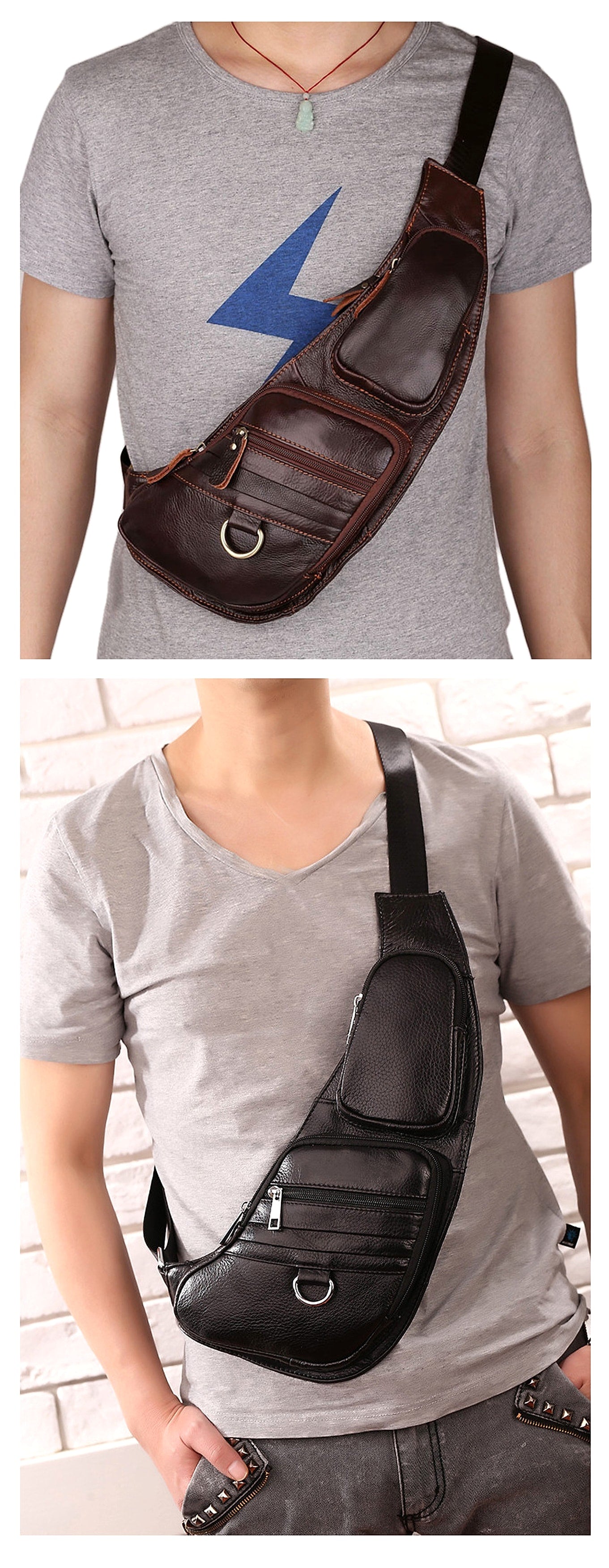 Leather Men's Chest Bag First Layer Cowhide Casual Satchel - enhanced image 12